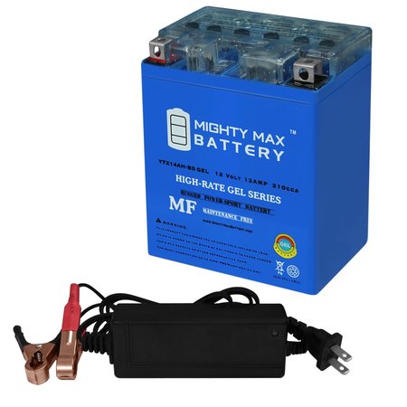 MIGHTY MAX BATTERY YTX14AH GEL Replaces Polaris 4140006, 4140007 With 12V 2Amp Charger MAX3871061